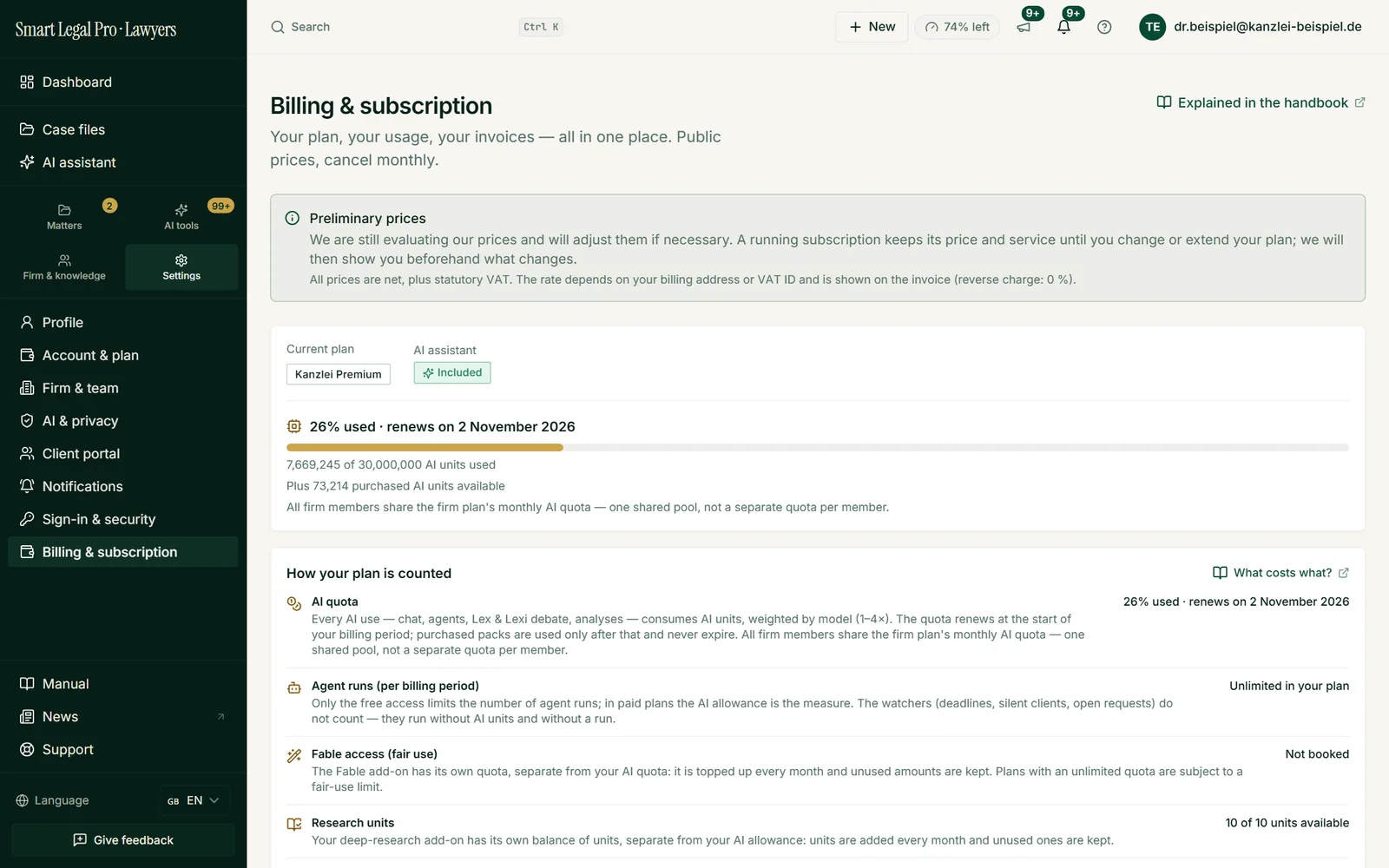 The page shows the plan and the use of the monthly AI quota and explains what consumes quota; prices are marked as provisional.