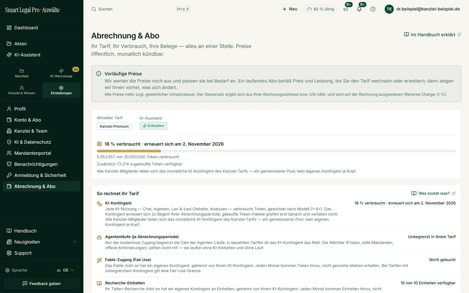 Die Seite zeigt Tarif, Verbrauch am monatlichen KI-Kontingent und erklärt, was Kontingent verbraucht; Preise sind als vorläufig gekennzeichnet.