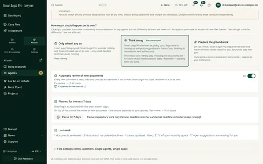 Three levels determine how much the AI prepares: nothing on its own, screening new mail, or additionally preparing drafts.
