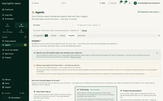 In Autopilot you set, for all cases together, how much the AI may do on its own, and learn what you can expect from the alerts.