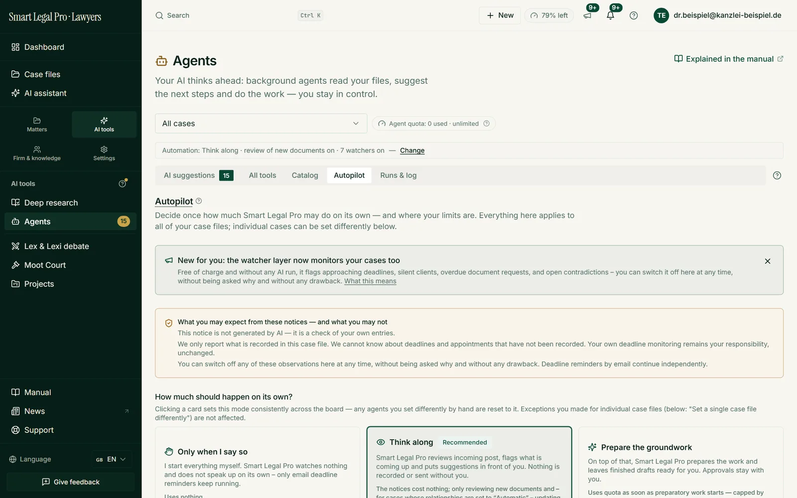 In Autopilot you set, for all cases together, how much the AI may do on its own, and learn what you can expect from the alerts.