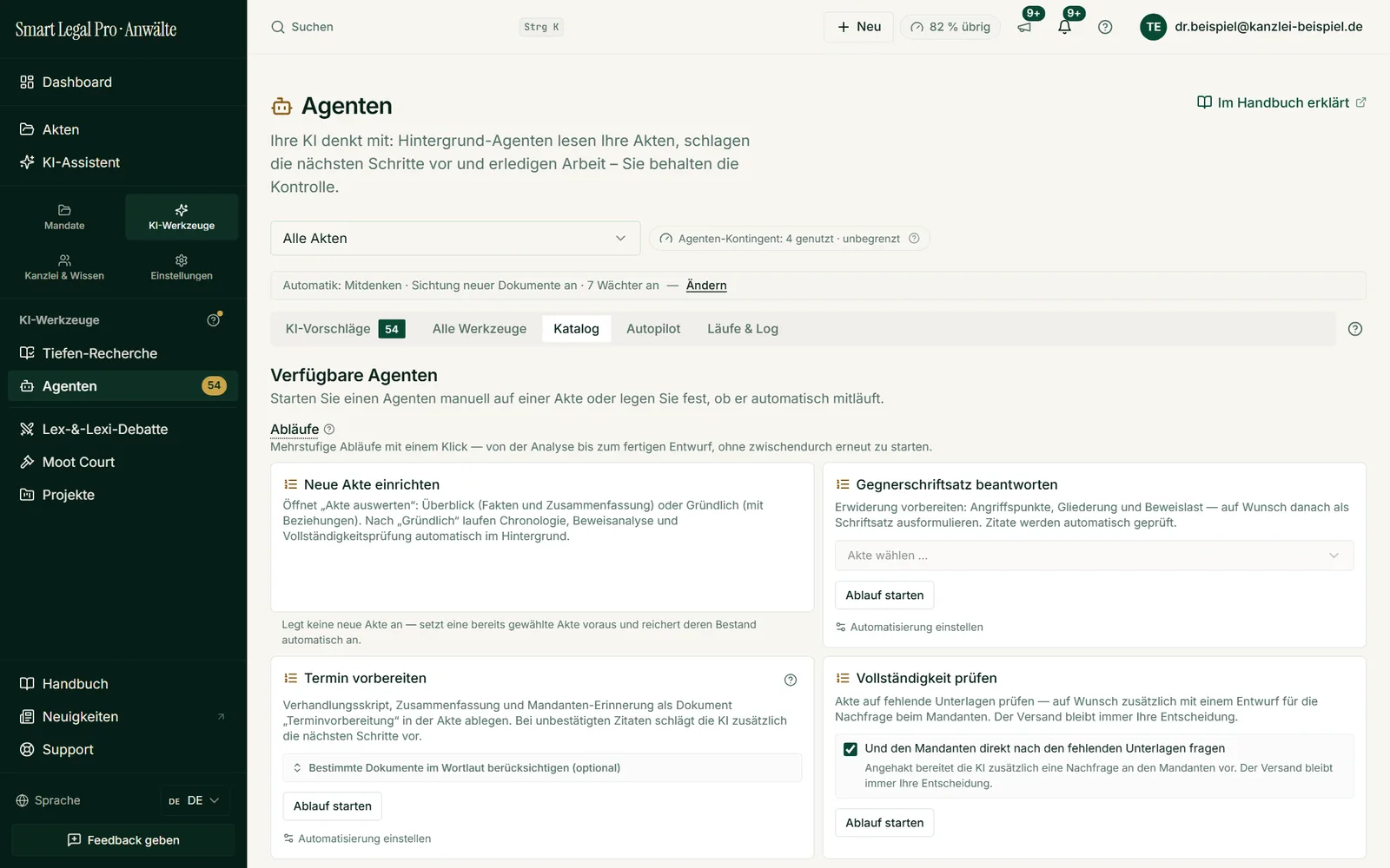 Der Katalog zeigt jeden Ablauf mit Aufgabe und Ergebnis; Sie wählen die Akte und starten per Klick oder legen eine Automatik fest.