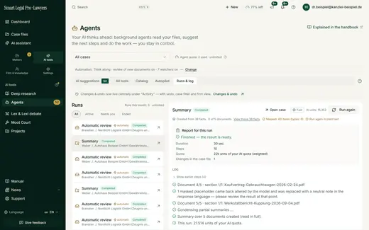 Every agent run is traceable: status, duration, steps, quota used, changes to the case and a step log.