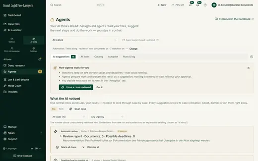 The AI suggestions tab collects what background agents noticed in the cases; results wait as suggestions and nothing is entered without approval.