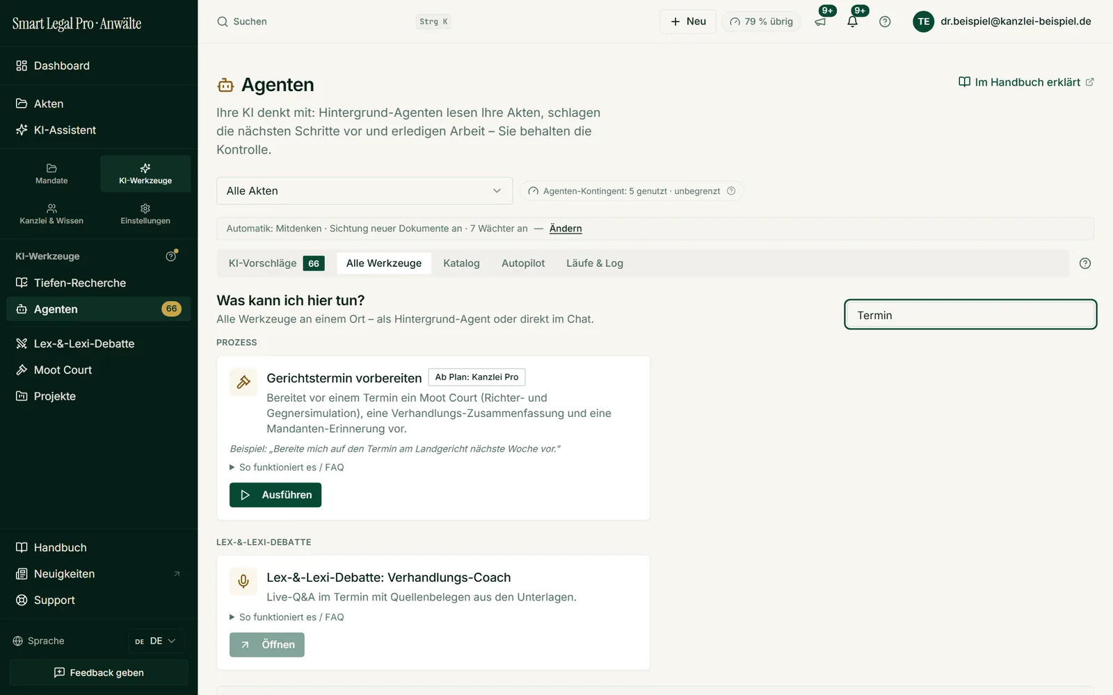 Alle KI-Werkzeuge an einem Ort: Die Suche findet etwa die Terminvorbereitung samt Beispielauftrag und Hinweis auf den benötigten Tarif.