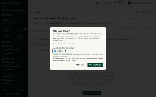 Closing a Case: Set the End of the Mandate, Retention Period Shown
