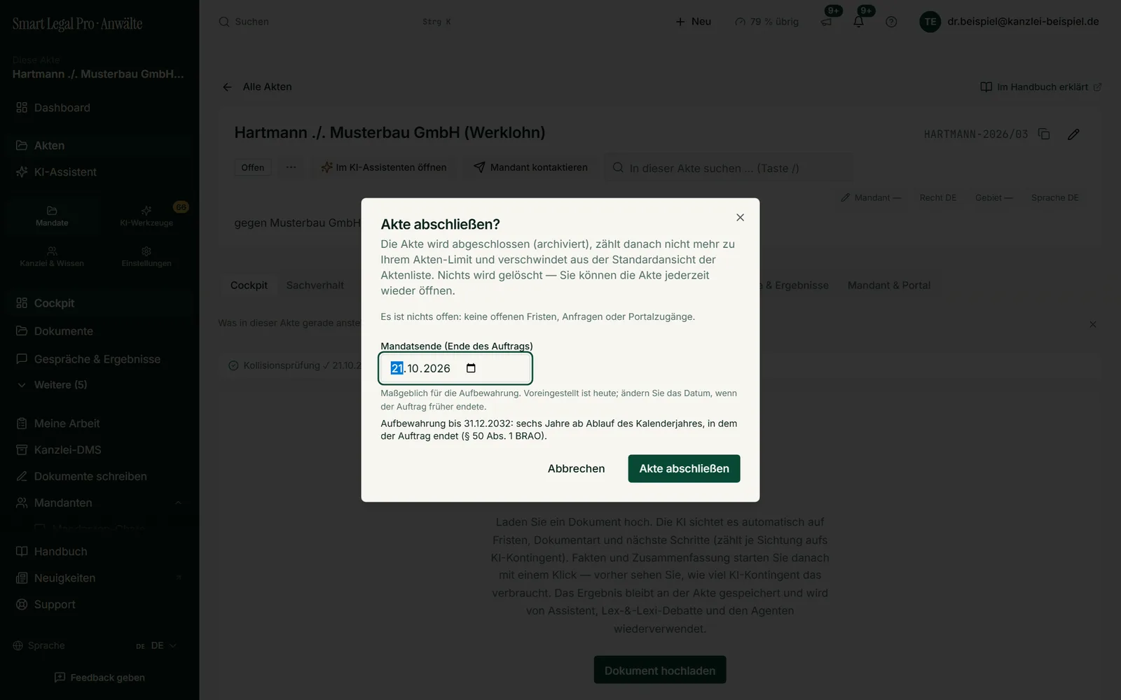 Beim Abschluss nennt das Portal, ob noch etwas offen ist, lässt das Mandatsende festlegen und weist die Aufbewahrungsfrist aus.