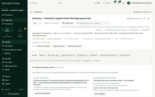 The case header bundles file number, court, amount in dispute, next hearing, type of proceedings, phase and represented side, with quick actions.
