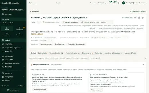 Aktenkopf: Gericht, Streitwert, Termin und Verfahrensstand im Blick
