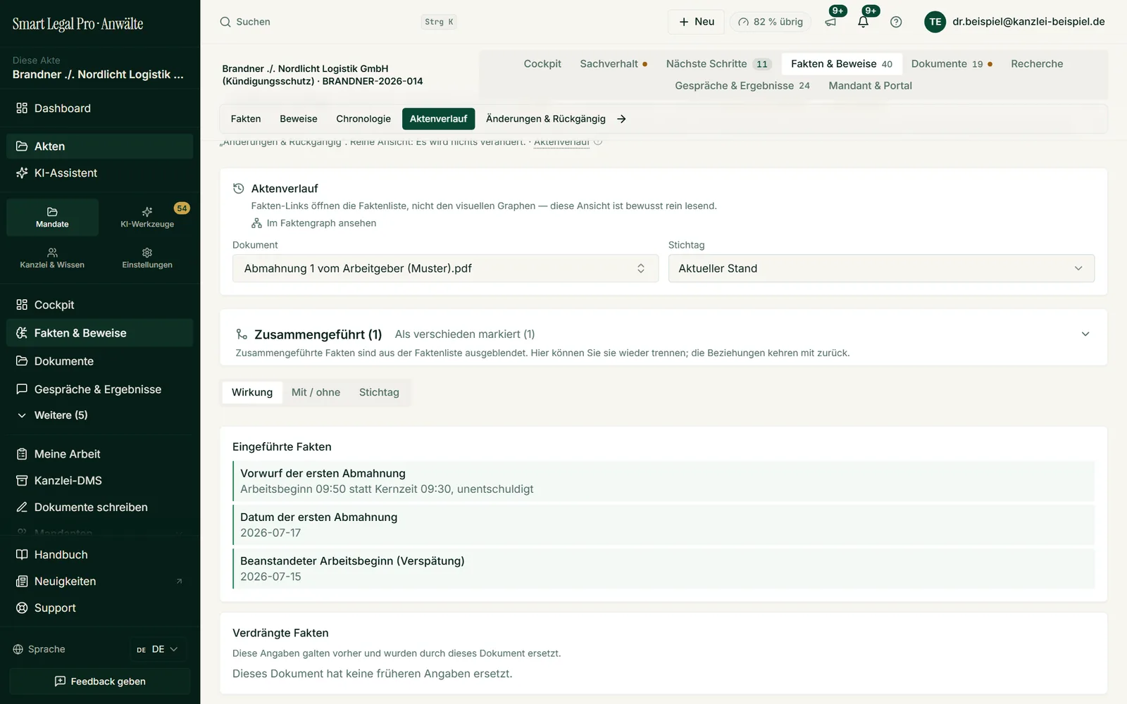 Der Aktenverlauf zeigt je Dokument, welche Fakten es eingeführt oder verdrängt hat; die Ansicht ist rein lesend, Änderungen erfolgen an anderer Stelle.