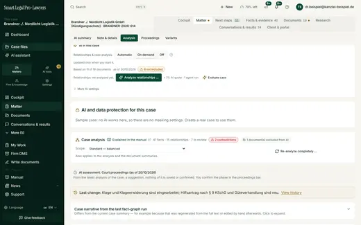 The analysis shows facts, relationships and contradictions in figures, the AI assessment as a suggestion, and the setting for when the AI works.