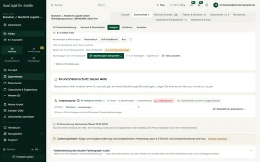 Die Analyse zeigt Fakten, Beziehungen und Widersprüche in Zahlen, die KI-Einschätzung als Vorschlag und die Einstellung, wann die KI arbeitet.