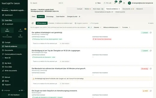 The evidence overview sets supporting and contradicting sources against each other per allegation and openly shows where a source is still missing.