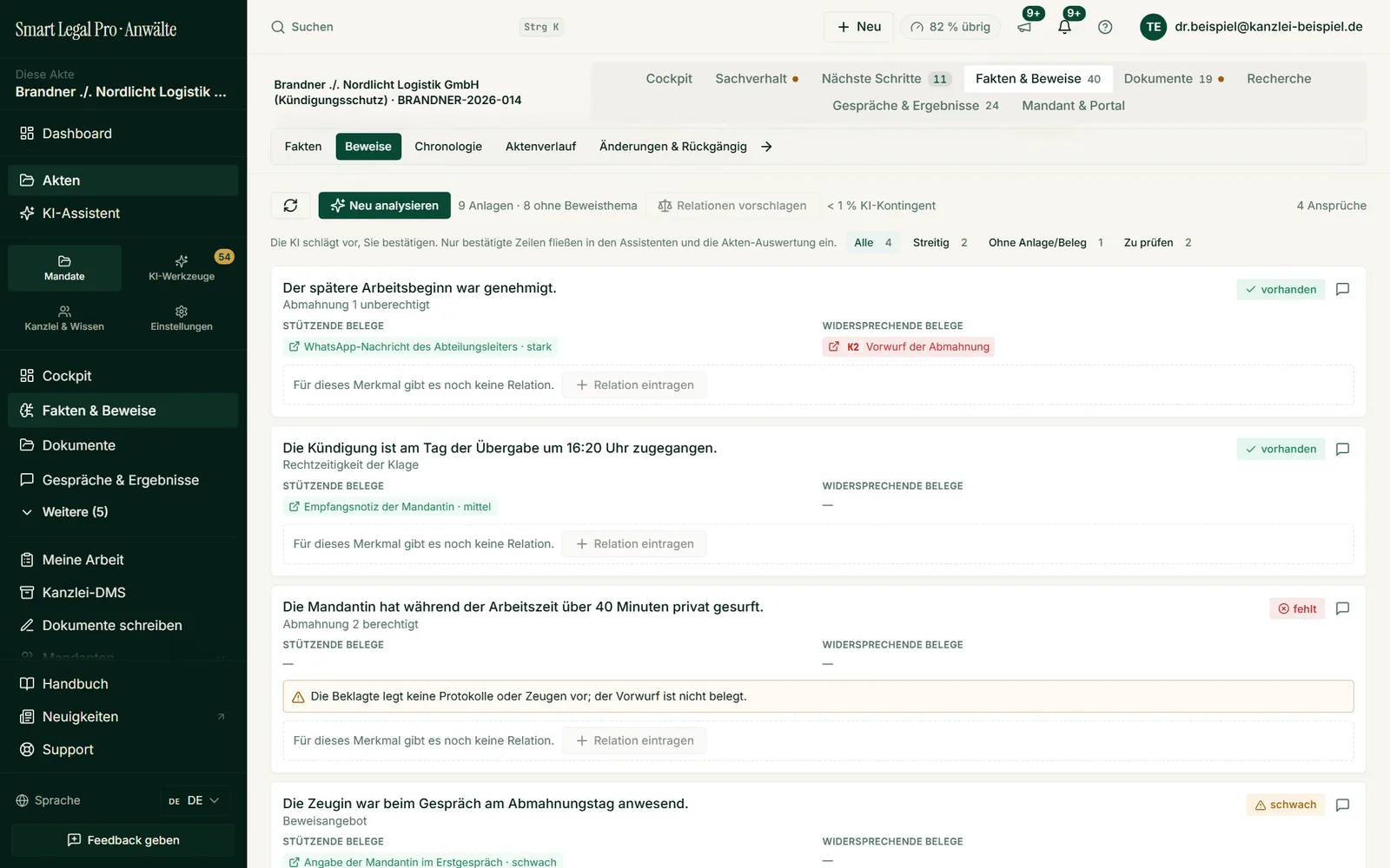 Die Beweisübersicht stellt zu jeder Behauptung stützende und widersprechende Belege gegenüber und zeigt offen, wo ein Beleg noch fehlt.