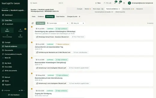 Dated events of the case on a timeline, each with source document, parties involved, status and confidence; a slider shows earlier states of the case.