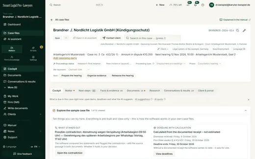 The case cockpit puts the one recommended action on top, along with follow-up questions, the next court hearing and the deadlines and appointments of the case.