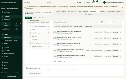 The DMS storage of the case lists documents with file type, date and status labels, plus folder tree, content search and the Request documents function.