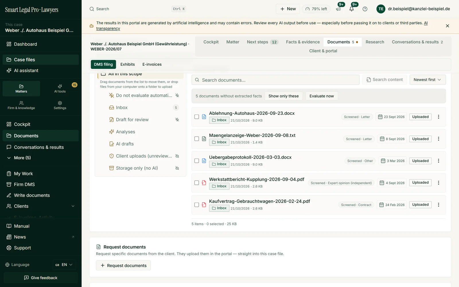The DMS storage of the case lists documents with file type, date and status labels, plus folder tree, content search and the Request documents function.