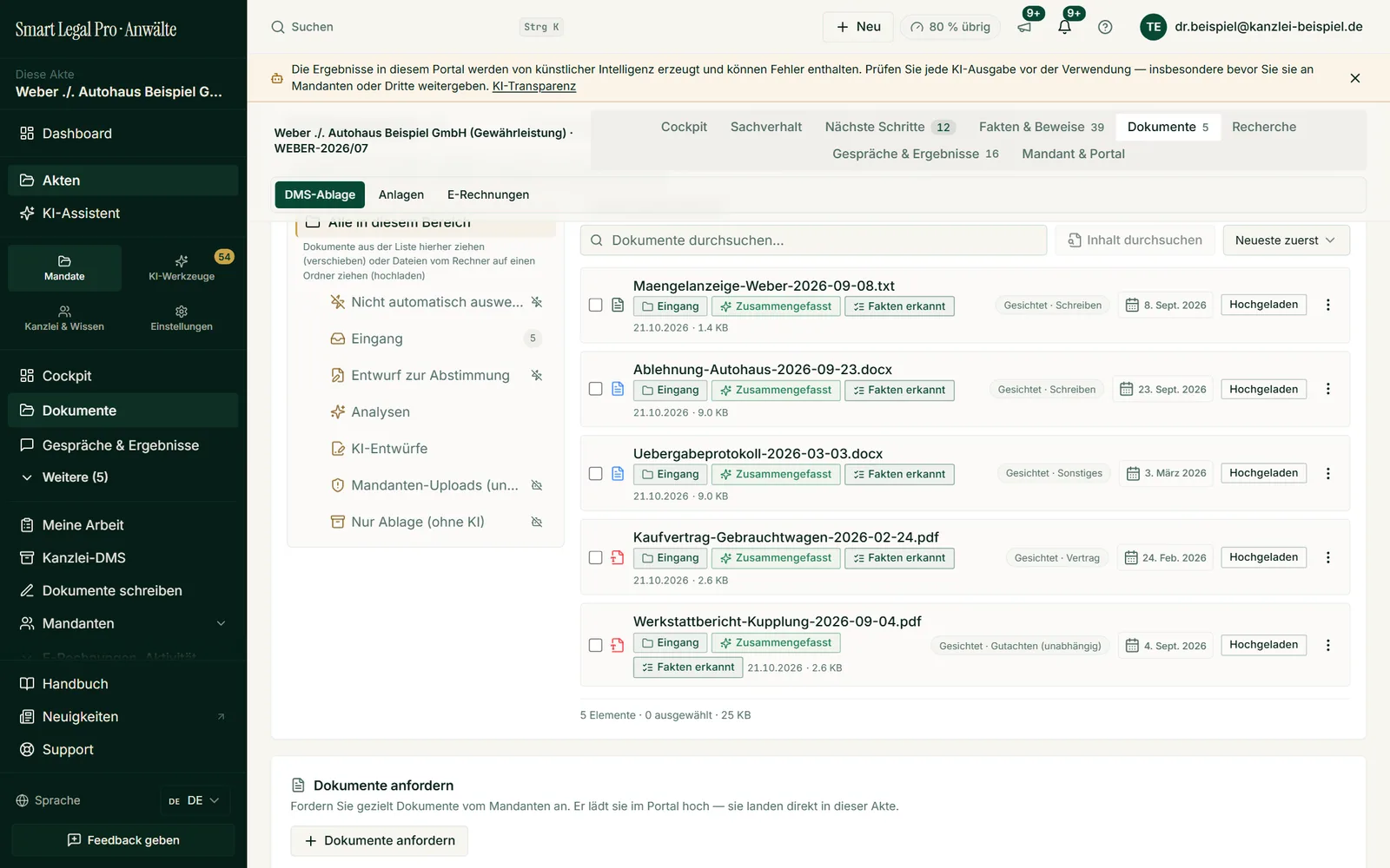 Die DMS-Ablage der Akte listet Dokumente mit Dateityp, Datum und Statusmarken, dazu Ordnerbaum, Inhaltssuche und die Funktion Dokumente anfordern.