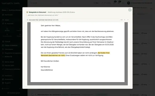 Die Belegstelle wird im Originaltext gelb markiert, mit Zitat und Suchfeld; so lässt sich ein Fakt in Sekunden gegenprüfen.