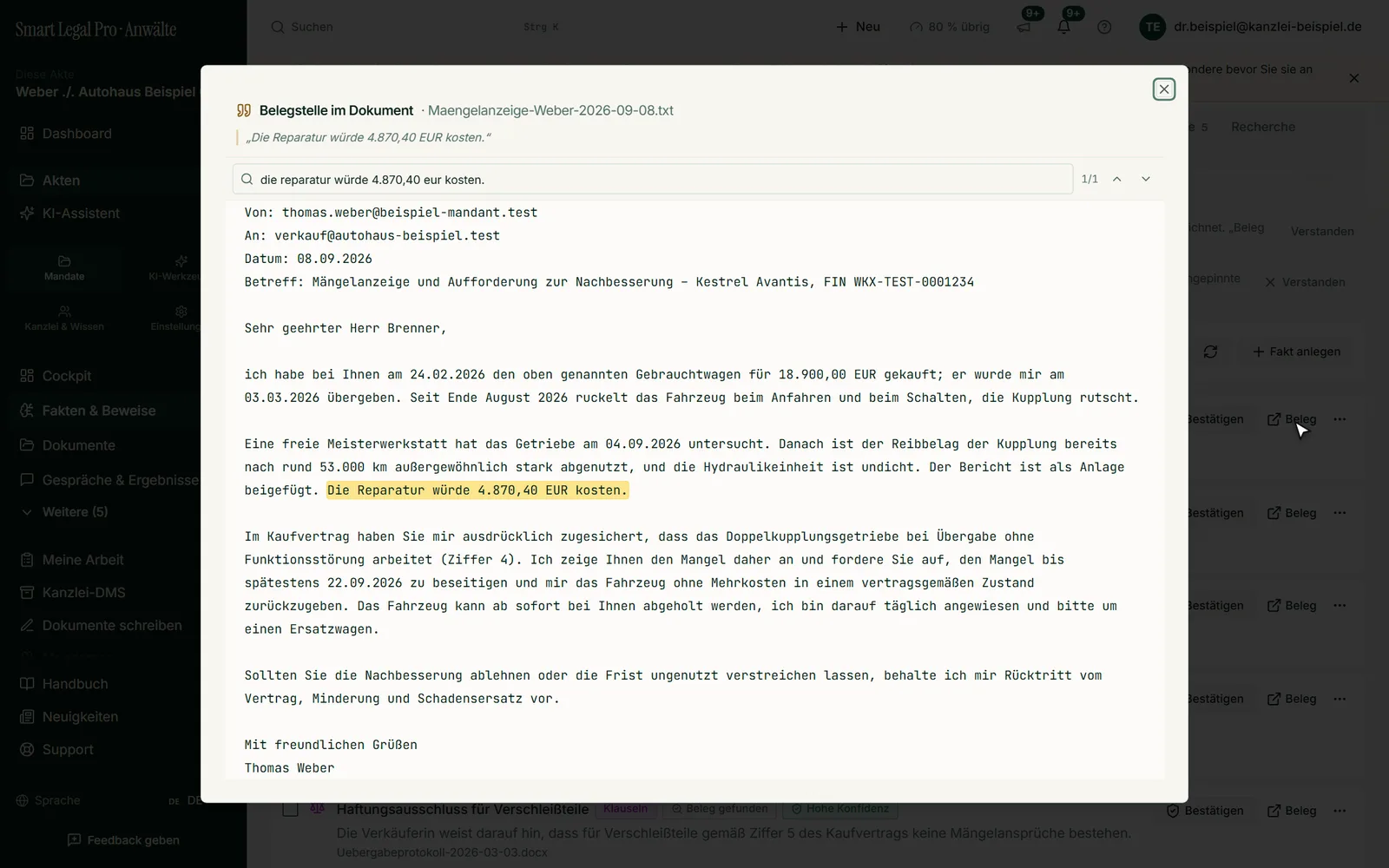 Die Belegstelle wird im Originaltext gelb markiert, mit Zitat und Suchfeld; so lässt sich ein Fakt in Sekunden gegenprüfen.