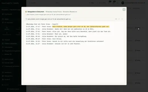 Der Beleg-Knopf öffnet das Originaldokument und markiert die Fundstelle des Fakts wörtlich gelb; das Zitat steht darüber.