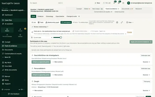 The “Parties” view lists people and companies from the documents; suggestions such as “Adopt as opposing party” apply only after your click.