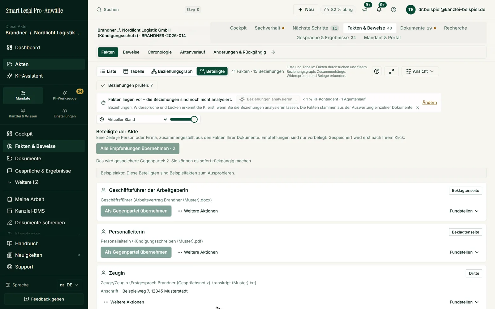 Die Ansicht „Beteiligte“ führt Personen und Firmen aus den Dokumenten auf; Vorschläge wie „Als Gegenpartei übernehmen“ gelten erst nach Ihrem Klick.