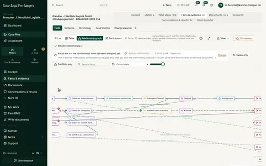 The relationship graph shows dates, amounts, people and claims as a network with labeled connections, with filters for contradictions and points to review.