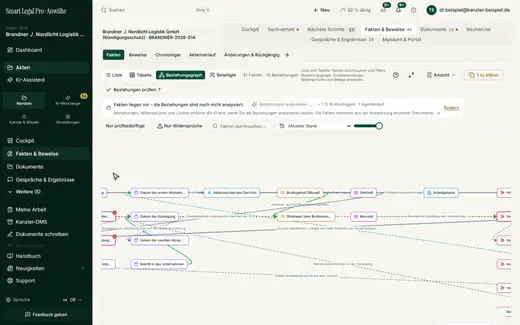 Der Beziehungsgraph stellt Daten, Beträge, Personen und Forderungen als Netz mit beschrifteten Verbindungen dar, mit Filtern für Widersprüche und Prüfbedürftiges.