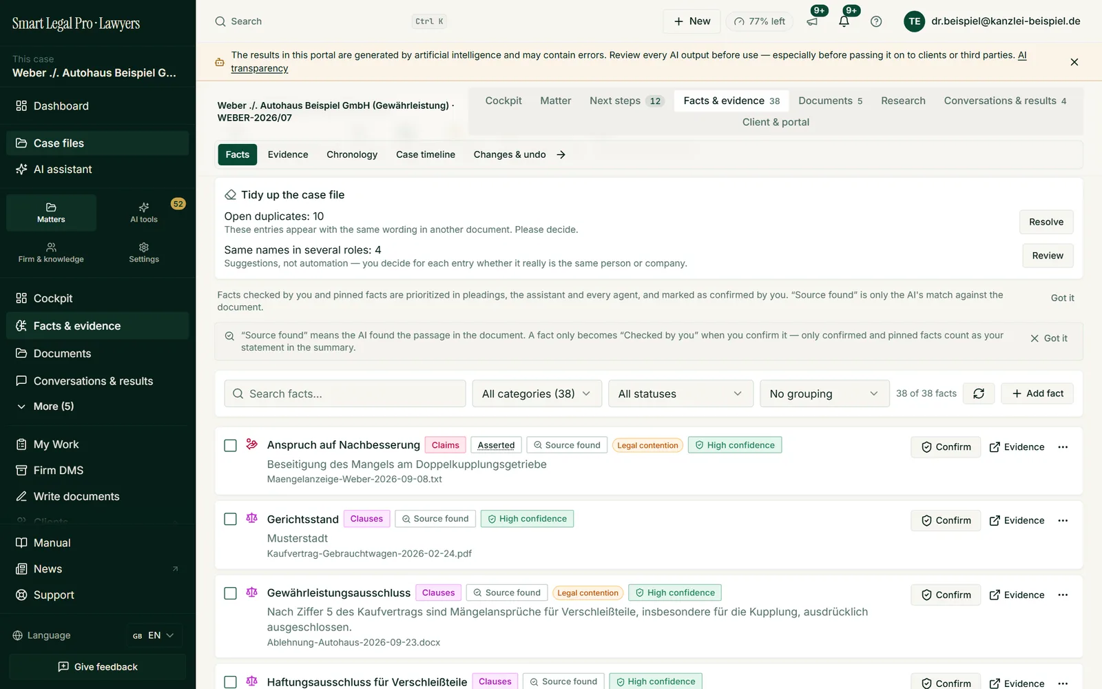 Facts drawn from the documents with category, “Source found”, confidence and a Confirm button; “Tidy up the case file” proposes duplicates for clarification.