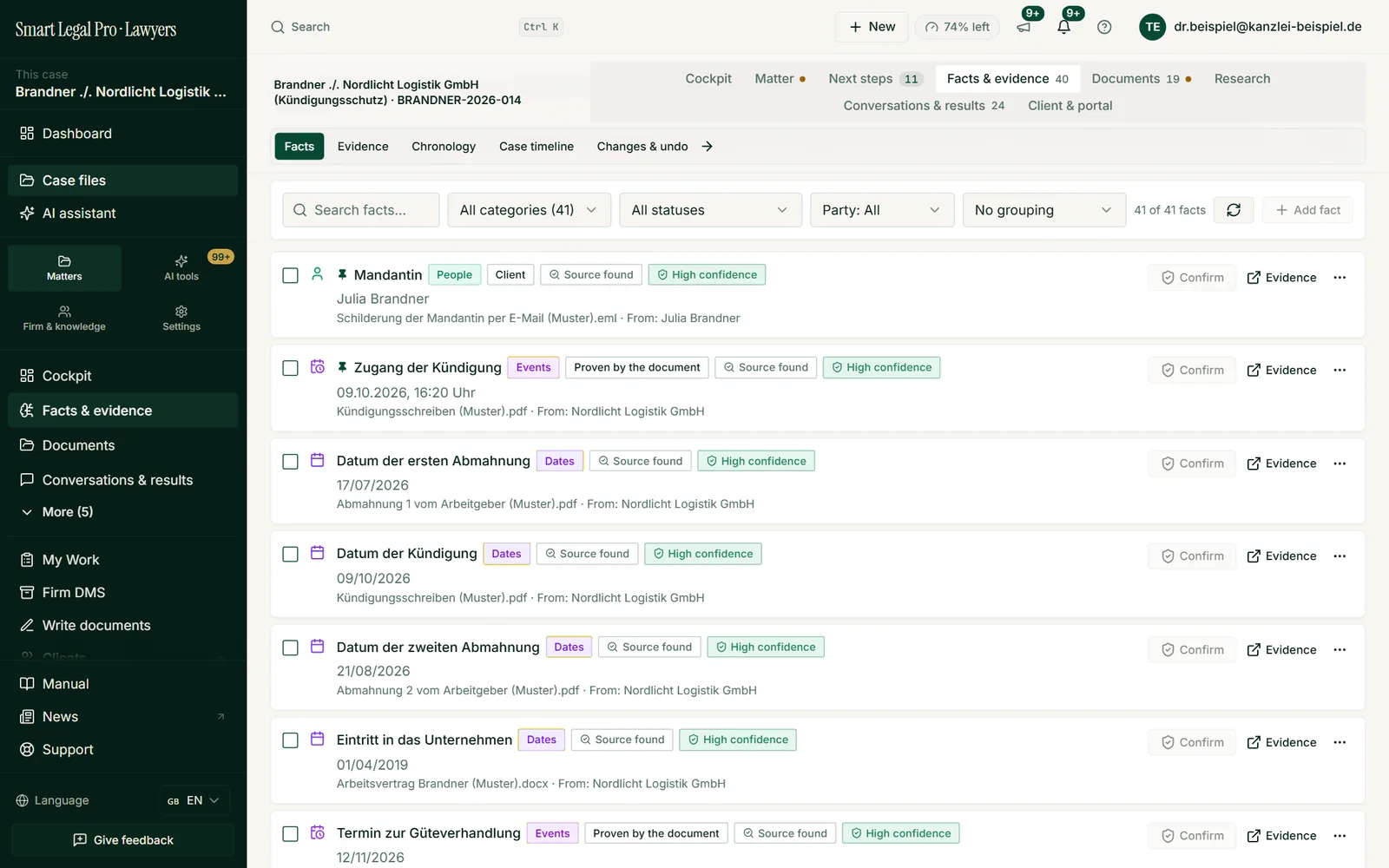 Each fact appears with category, value, source document, confidence and source status, filterable by category, status and party; confirm and open the source with one click.
