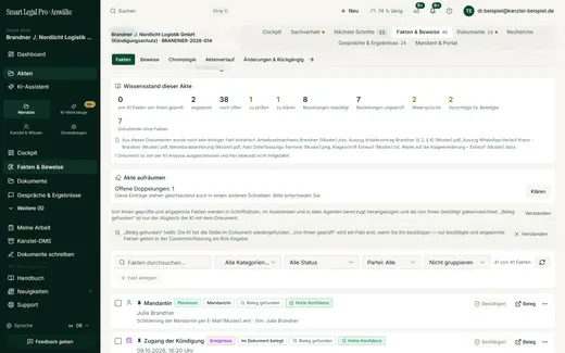 Der Wissensstand zeigt in Zahlen, wie viele Fakten geprüft oder offen sind, wo Widersprüche liegen und welche Dokumente noch ohne Fakten sind.