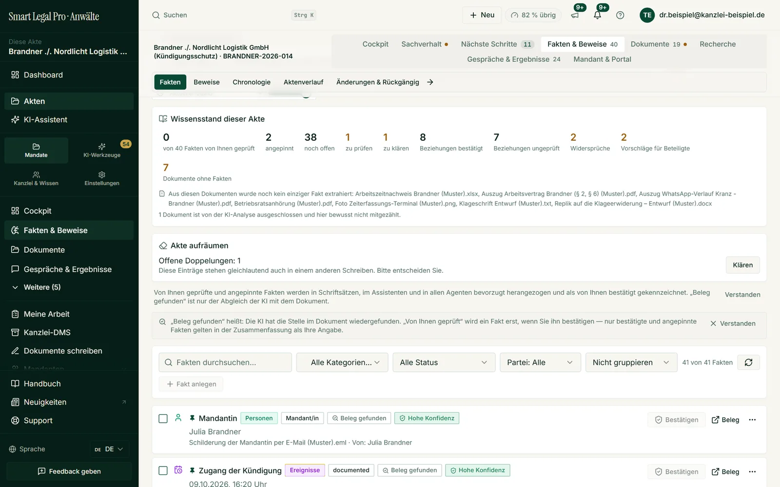 Der Wissensstand zeigt in Zahlen, wie viele Fakten geprüft oder offen sind, wo Widersprüche liegen und welche Dokumente noch ohne Fakten sind.