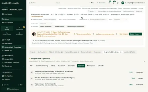 Gespräche & Ergebnisse: alles, was die KI für die Akte erarbeitet hat
