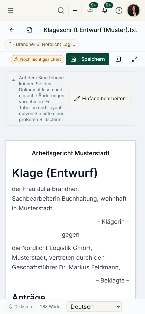 On a smartphone the editor shows the draft complaint for reading, with “Save”, dictation and a note that simple changes are possible.