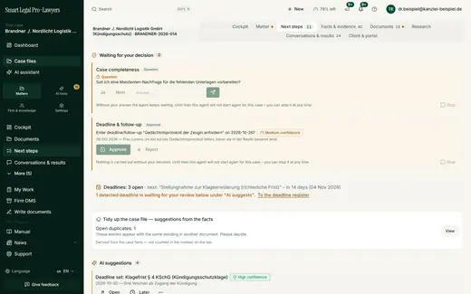 “Next steps” collects follow-up questions from agents, deadline suggestions, open duplicates and AI suggestions; nothing is entered without your decision.