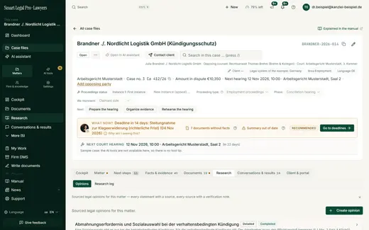 The Research tab of the case lists sourced opinions with level of detail and status and starts new ones via “Create opinion”.