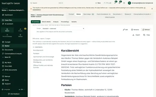 The facts tab shows the AI summary with status, scope, edit, versions, export and table of contents; check facts against the sources.