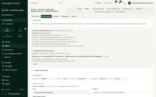 Here you record your note, adopt date suggestions from the documents and maintain matter type, jurisdiction, area of law, language, court and instance.