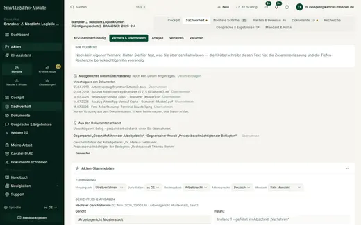Hier halten Sie Ihren Vermerk fest, übernehmen Datumsvorschläge aus den Dokumenten und pflegen Vorgangsart, Jurisdiktion, Rechtsgebiet, Sprache, Gericht und Instanz.