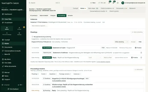 The “Proceedings” tab shows the instance, pleadings with date and status, and the course of proceedings from pleadings, events, deadlines and package states.