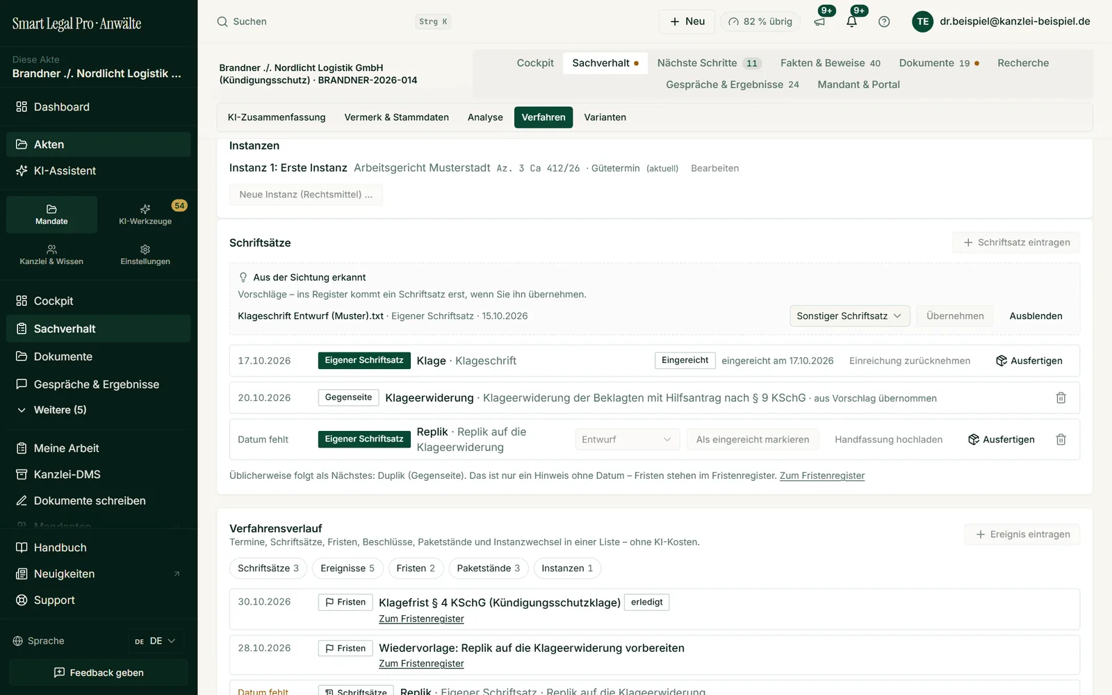 The “Proceedings” tab shows the instance, pleadings with date and status, and the course of proceedings from pleadings, events, deadlines and package states.
