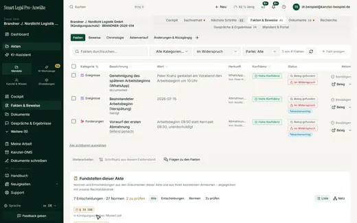 Der Filter „Im Widerspruch“ zeigt die Fakten, die sich nicht vertragen, jeweils mit Beleg; ob ein Vorwurf trägt, entscheiden Sie.