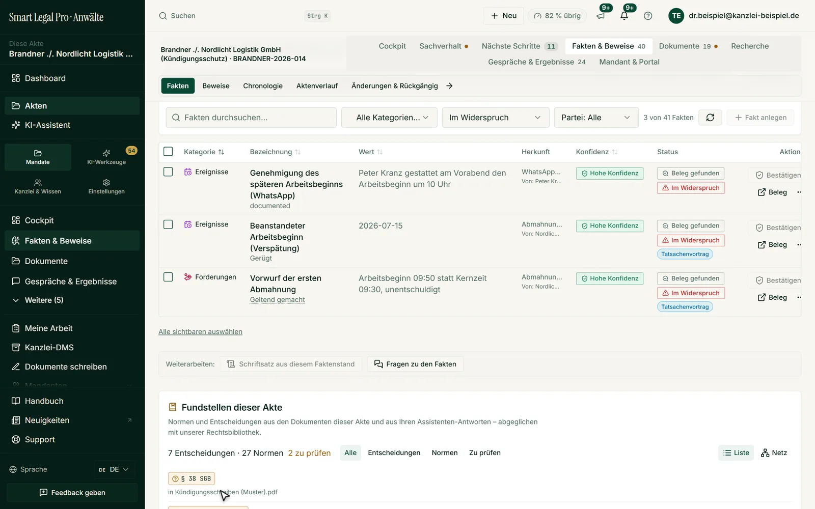 Der Filter „Im Widerspruch“ zeigt die Fakten, die sich nicht vertragen, jeweils mit Beleg; ob ein Vorwurf trägt, entscheiden Sie.
