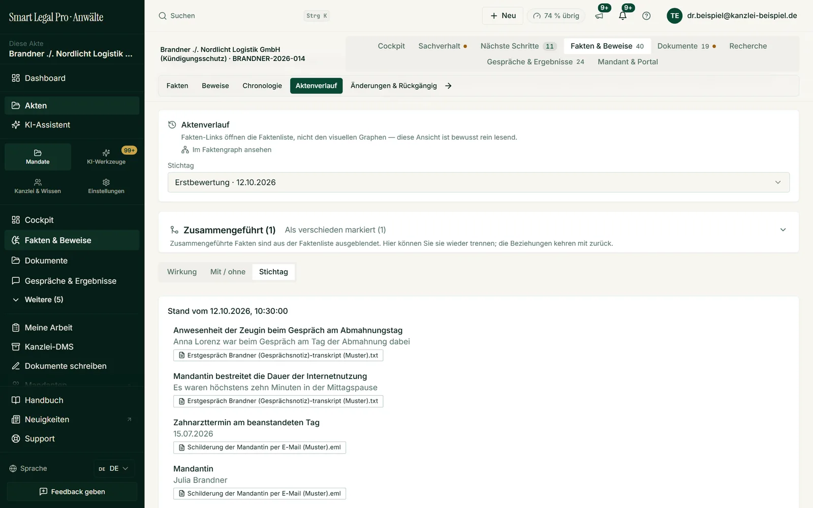 Der Stichtag im Aktenverlauf zeigt, welche Fakten zu einem früheren Zeitpunkt bekannt waren – eine reine Ansicht, die nichts verändert.