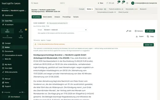The case summary states its status, warns about new documents and can be updated, edited, exported and copied; marked as an AI draft.