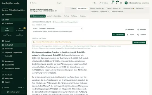 Die Aktenzusammenfassung nennt den Stand, warnt bei neuen Dokumenten und lässt sich aktualisieren, bearbeiten, exportieren und kopieren; als KI-Entwurf gekennzeichnet.