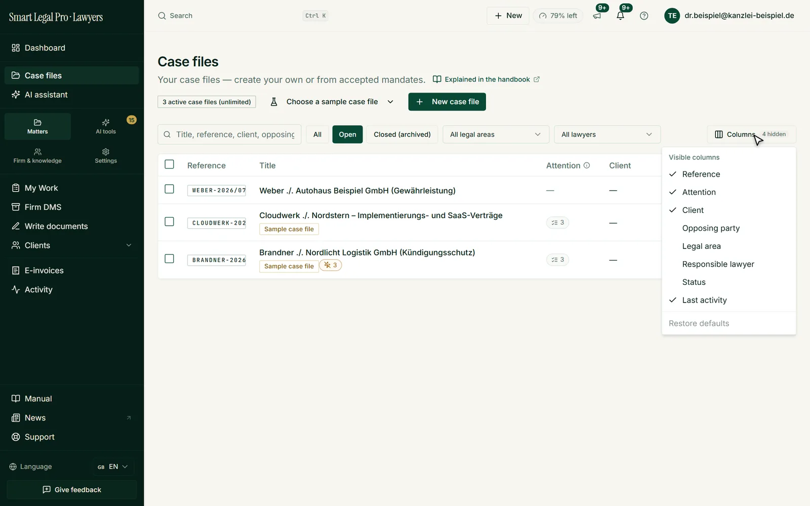 Under “Columns” you show or hide opposing party, area of law, responsible lawyer or status in the case list.