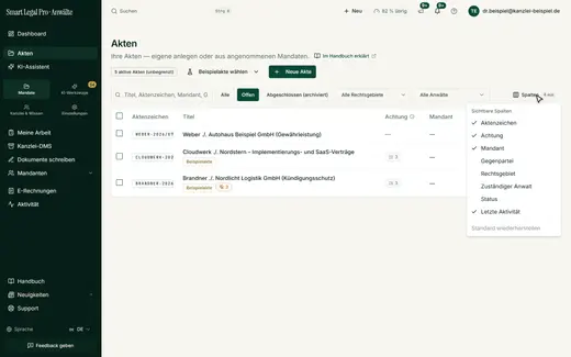 Aktenliste anpassen: Spalten ein- und ausblenden